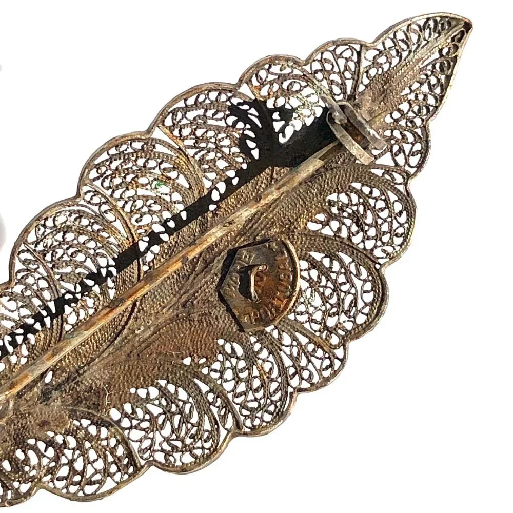 vintage filigree leaf pin brooch Portuguese brass tone delicate Victorian nature - Picture 14 of 16